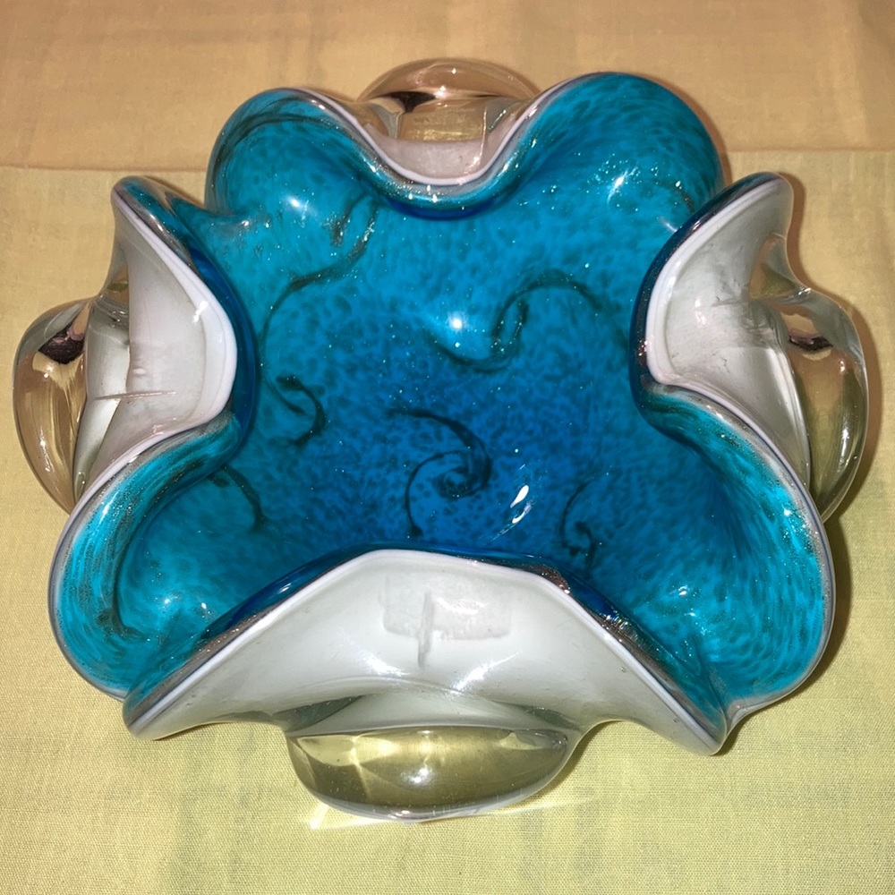 MURANO glass fancy bowl handmade in Italy, turquoise cased in white $89